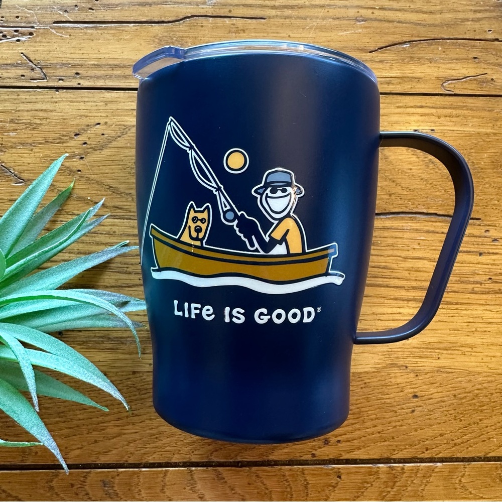 Life Is Good Insulated mug. 18oz. Fishing Boat and Dog